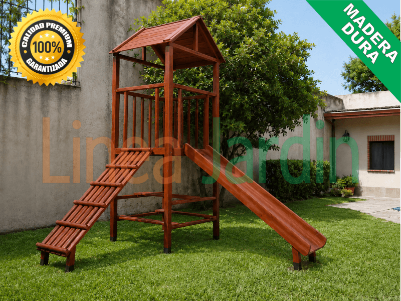 Juegos de Plaza. Mangrullos Infantiles de Madera con Tobogan y Hamacas