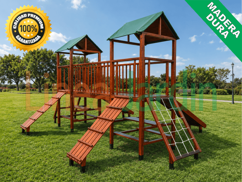 Juegos de Plaza. Mangrullos Infantiles de Madera con Tobogan y Hamacas