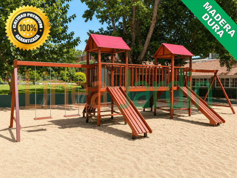 Juegos de Plaza. Mangrullos Infantiles de Madera con Tobogan y Hamacas