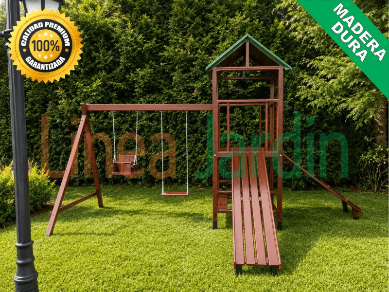 Juegos de Plaza. Mangrullos Infantiles de Madera con Tobogan y Hamacas