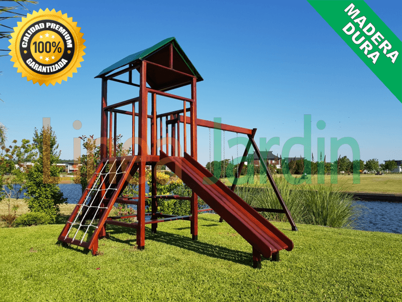 Juegos de Plaza. Mangrullos Infantiles de Madera con Tobogan y Hamacas