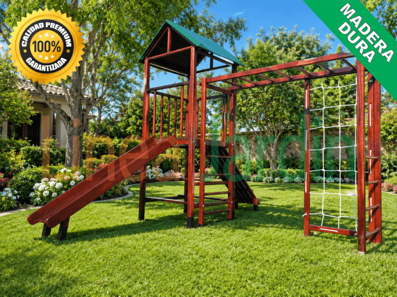 Juegos de Plaza. Mangrullos Infantiles de Madera con Tobogan y Hamacas