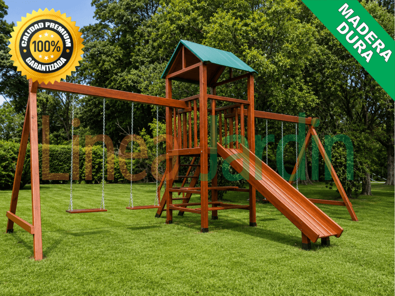 Juegos de Plaza. Mangrullos Infantiles de Madera con Tobogan y Hamacas