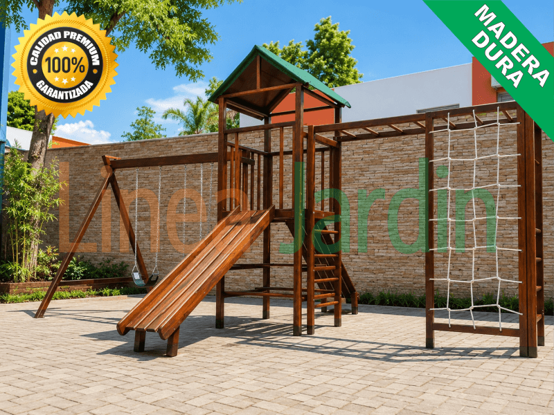 Juegos de Plaza. Mangrullos Infantiles de Madera con Tobogan y Hamacas
