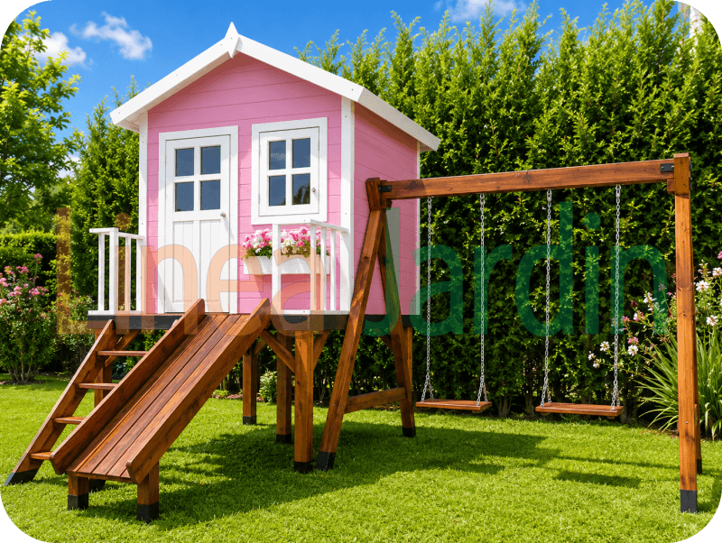 Casitas Infantiles de Madera con Tobogan y Hamacas marca LINEA JARDIN
