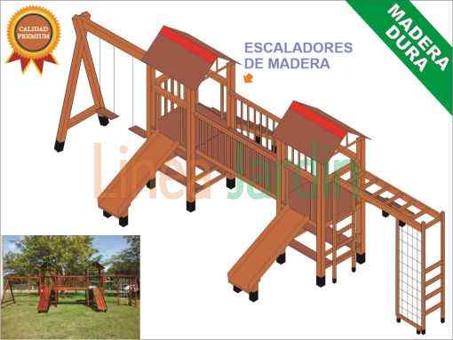 Juegos de Plaza. Mangrullos Infantiles de Madera con Tobogan y Hamacas