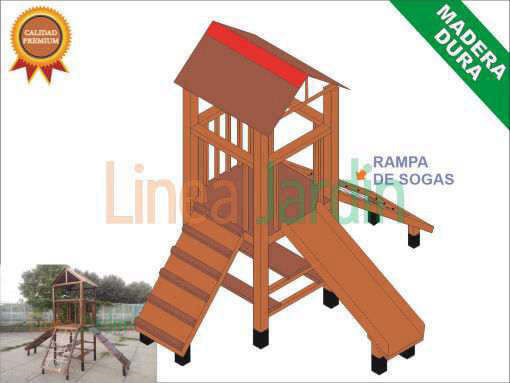 Juegos de Plaza. Mangrullos Infantiles de Madera con Tobogan y Hamacas