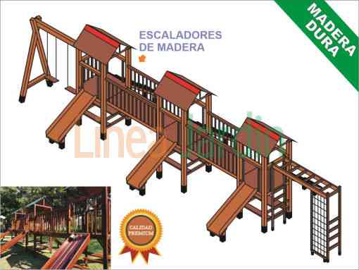 Juegos de Plaza. Mangrullos Infantiles de Madera con Tobogan y Hamacas