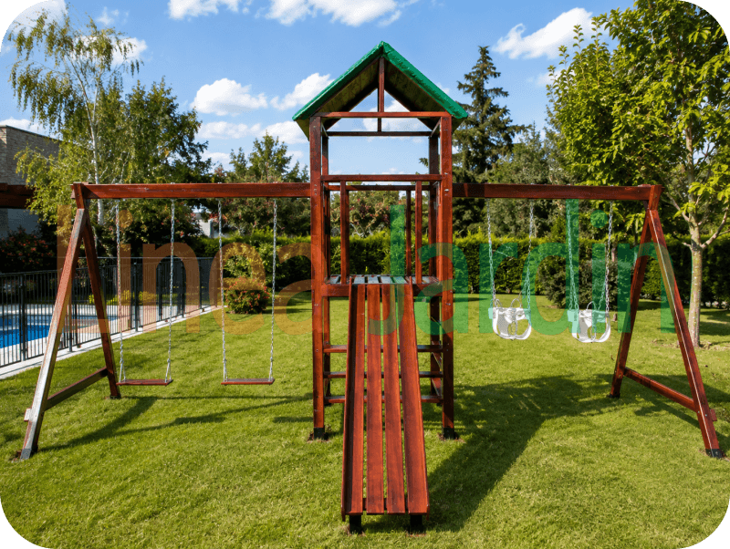 Mangrullos Infantiles de Madera con Tobogán Hamacas Pasamanos Puentes Juegos de Plaza, marca LINEA JARDIN