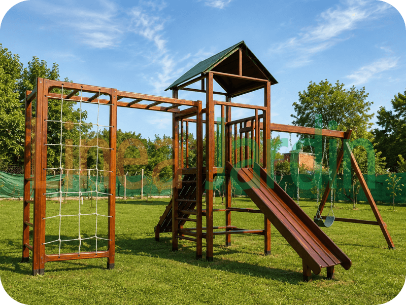 Mangrullos Infantiles de Madera con Tobogán Hamacas Pasamanos Puentes Juegos de Plaza, marca LINEA JARDIN