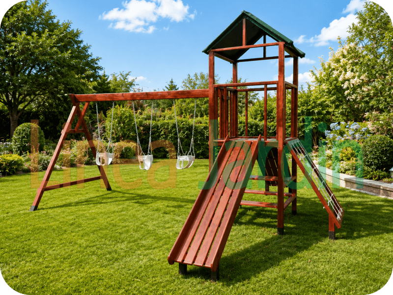 Mangrullos Infantiles de Madera con Tobogán Hamacas Pasamanos Puentes Juegos de Plaza, marca LINEA JARDIN