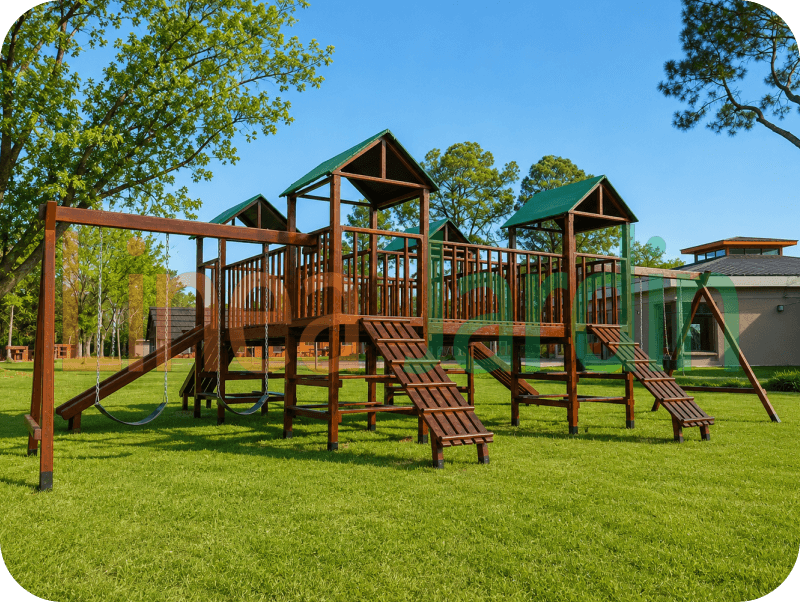 Mangrullos Infantiles de Madera con Tobogán Hamacas Pasamanos Puentes Juegos de Plaza, marca LINEA JARDIN