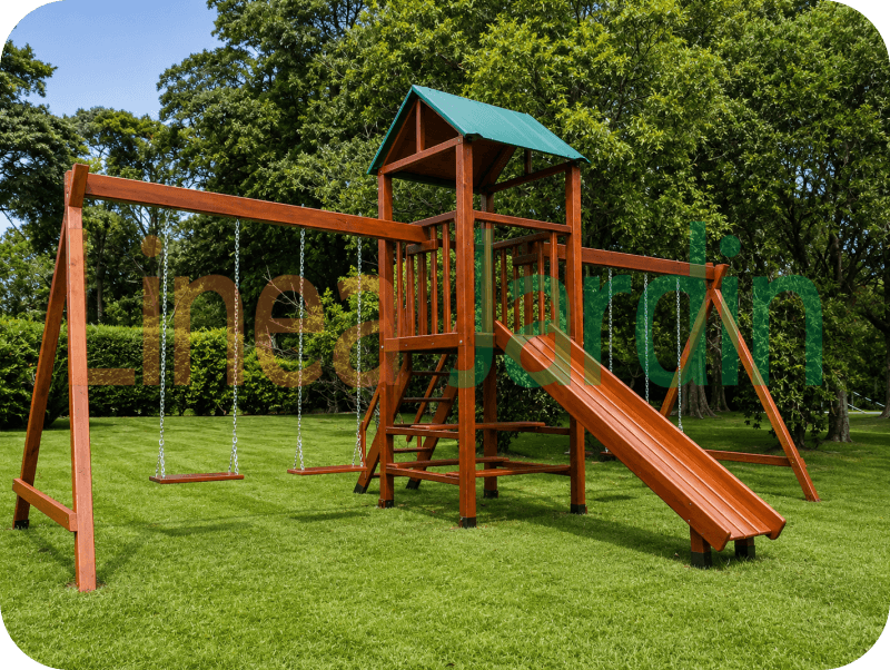 Mangrullos Infantiles de Madera con Tobogán Hamacas Pasamanos Puentes Juegos de Plaza, marca LINEA JARDIN