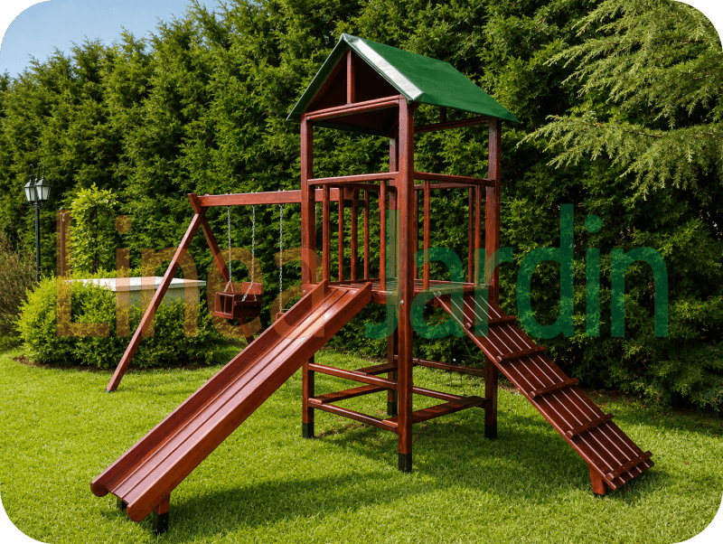 Mangrullos Infantiles de Madera con Tobogán Hamacas Pasamanos Puentes Juegos de Plaza, marca LINEA JARDIN