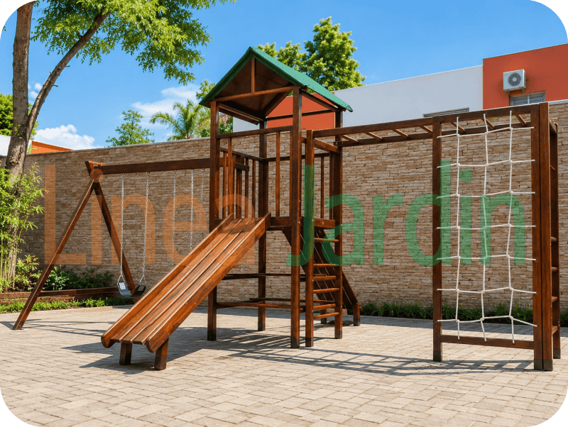 Mangrullos Infantiles de Madera con Tobogán Hamacas Pasamanos Puentes Juegos de Plaza, marca LINEA JARDIN