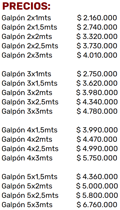 Lista de Precios - Galpones de Jardin